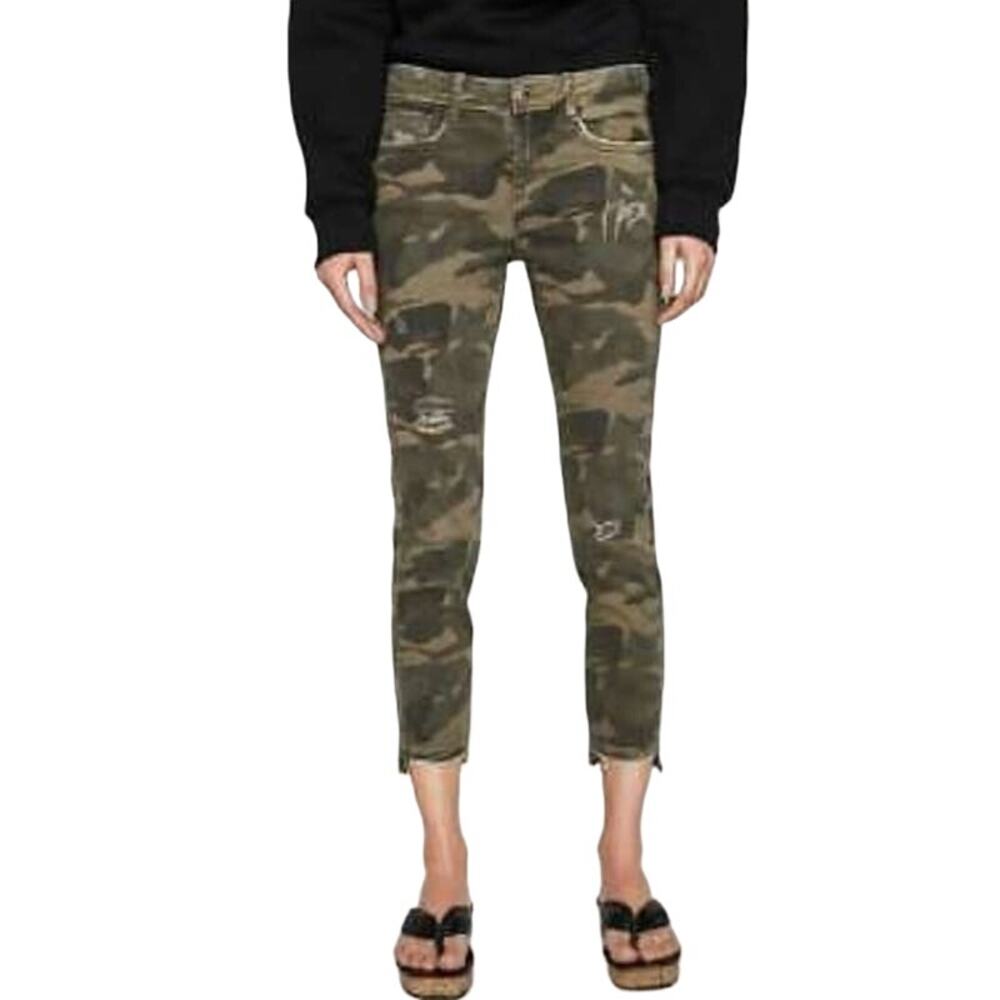 ZARA Camo Jeans Skinny High Rise Distressed Size 40 / US 8 Green Ankle Raw Hem